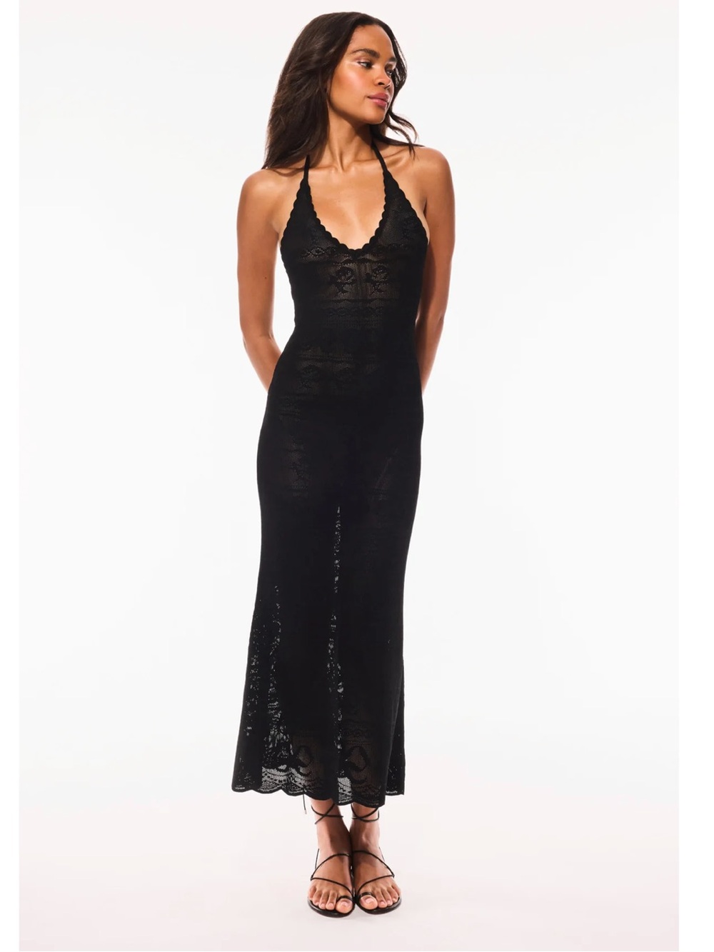 LoveShackFancy Black Lace Halter Maxi Dress with Scalloped Trim - Picture 2 of 4